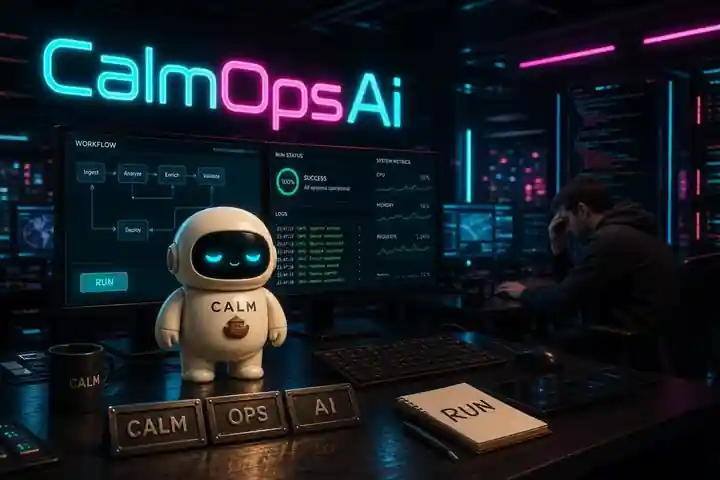 CALM в ops-комнате CalmOpsAi, мониторы, таблички CALM OPS AI